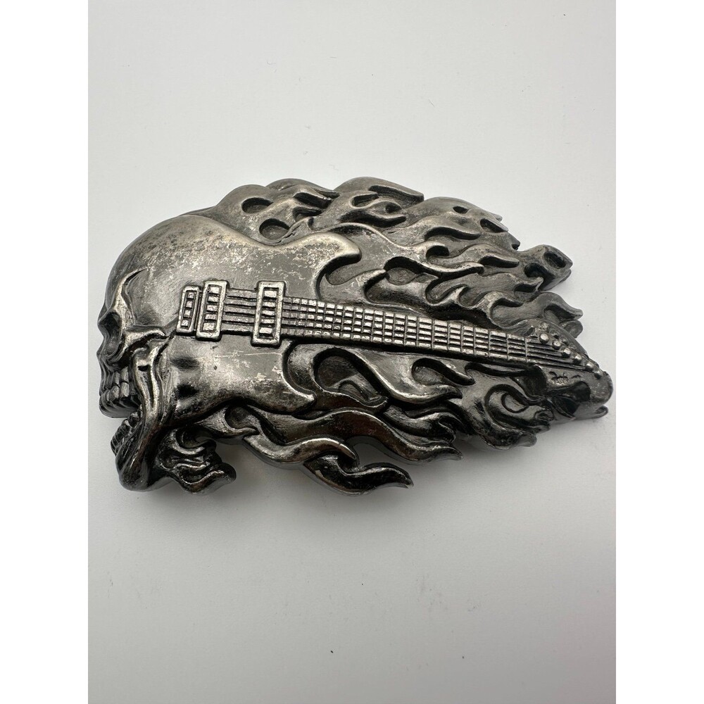 Vintage flaming skull guitar Belt Buckle